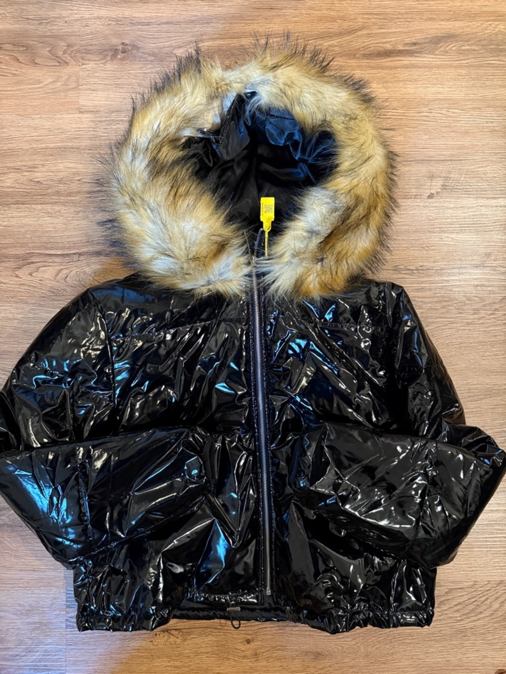 Shiny Black Puffer Ski Jacket with Faux Fur Hood
